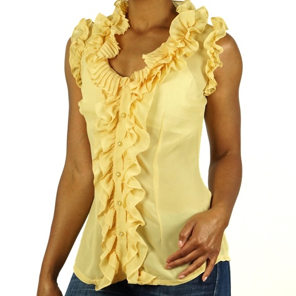 Sheer Chiffon Ruffle Jewel Button Down Blouse - Picture 1 of 8